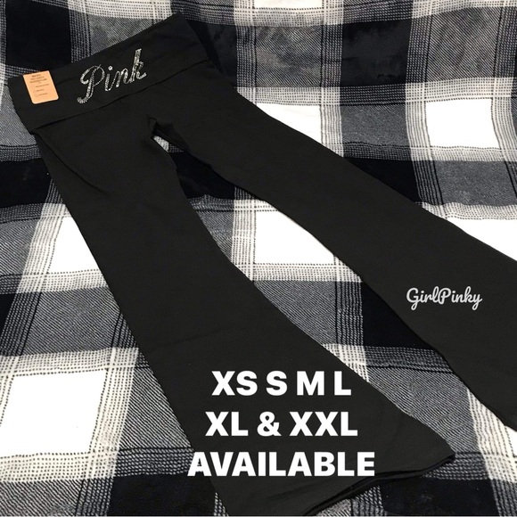 victoria secret PINK flared BLACK foldover leggings BLING LOGO SIZES XS-XXL - Picture 1 of 8